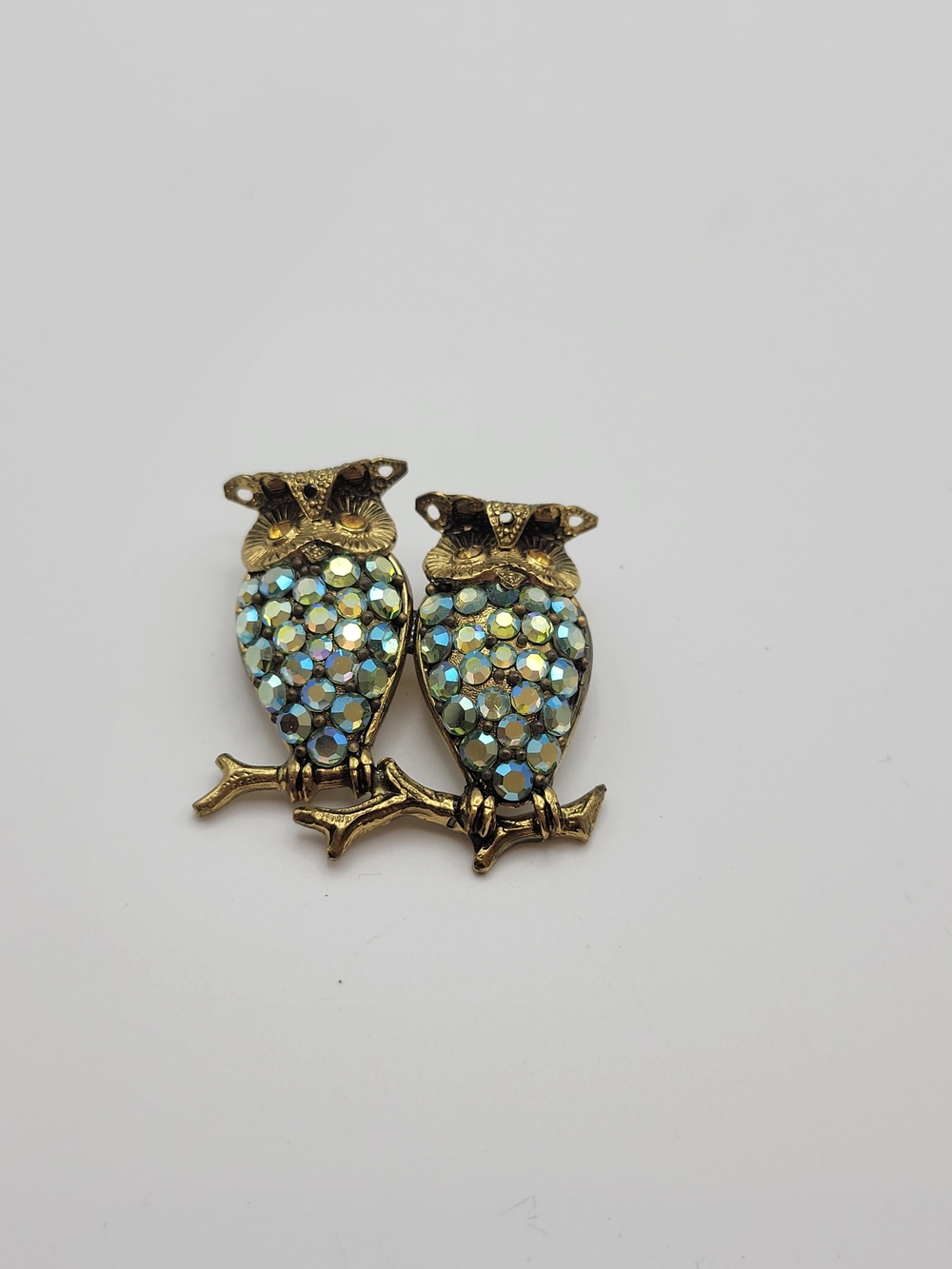 Vintage-Style Gold Owl Brooch with Iridescent Blue Crystal Accents